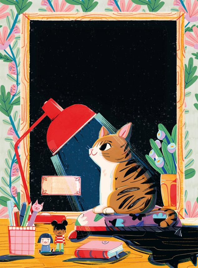 Colourful illustration of a cat sat under a desk lamp casting a shadow