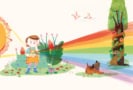 Colourful illustration of a girl using a prism to create a spectrum, and a dog and tree in the rainbow light