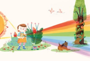 Colourful illustration of a girl using a prism to create a spectrum, and a dog and tree in the rainbow light