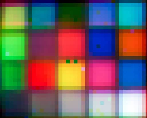 A palette of colours including blues, greens, reds, yellow, orange, pink, purple and various shades of black, grey and white. It looks a little like a Mondrian artwork