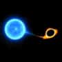 A bright image of two circular objects, one in a blue colour and the other in an orange colour. A thin trail of material leads from the blue object (the star) to the orange object (the black hole that's accreting the material)