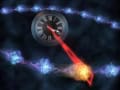 Artist's representation of a quantum clock, shown as a traditional clock dial at the centre of a circle of wavepackets. A beam of light from the clock to one of the wavepackets represents measurement