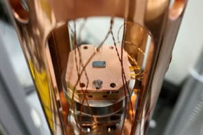 Photo showing a small black chip of material sitting on a copper backing in a container