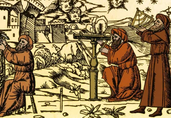 An engraving showing Arab astrologers using early astronomical instruments