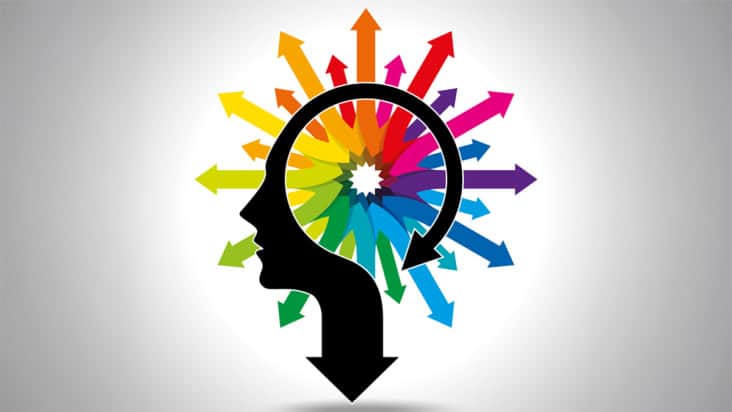 Illustration showing colourful arrows pouring out from a brain