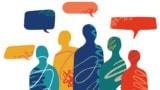 Illustration of people shown in colourful silhouette talking