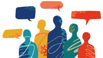 Illustration of people shown in colourful silhouette talking