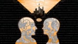 Abstract illustration of two people in a cityscape with machine cogs
