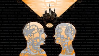 Abstract illustration of two people in a cityscape with machine cogs