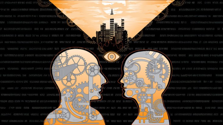 Abstract illustration of two people in a cityscape with machine cogs