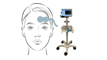 Illustration of Crainio's sensor with a sticker attached to a person's head and a box containing the electronics