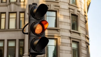 Traffic lights showing amber