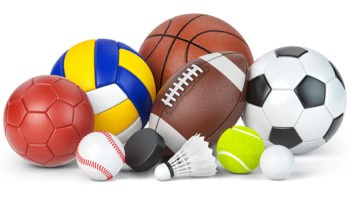 Jumble of balls used in different sports, plus a shuttlecock