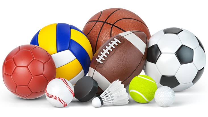 Jumble of balls used in different sports, plus a shuttlecock