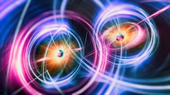 Abstract visualization of two entangled particles connected by a glowing beam of light