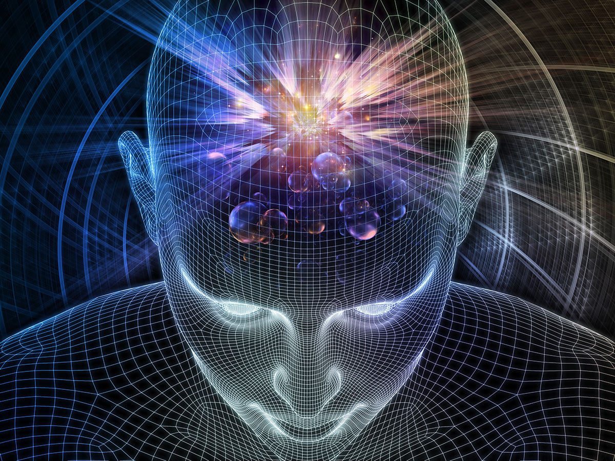 computer graphic of human skull superimposed with colourful representation of quantum physics