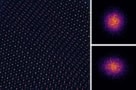 Set of three images, one showing specks of light in an orderly array against a dark background (the atoms in the material) and two showing different-shaped clouds of fuzzy dots (the atoms alone)