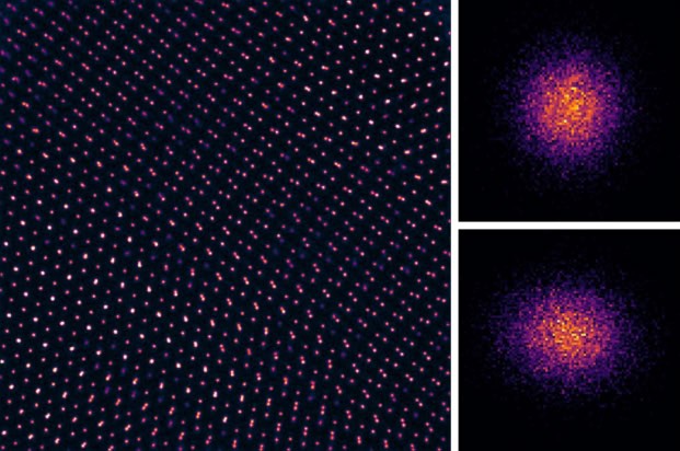 Set of three images, one showing specks of light in an orderly array against a dark background (the atoms in the material) and two showing different-shaped clouds of fuzzy dots (the atoms alone)