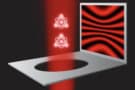 Graphic showing a red laser beam illuminating a pair of atoms. A screen behind the atoms shows red and black interference fringes