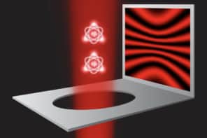 Graphic showing a red laser beam illuminating a pair of atoms. A screen behind the atoms shows red and black interference fringes