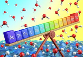 A rainbow-coloured row of blocks labelled with the names of the actinide series of chemical elements. Ball-and-stick models of water molecules rain down around them.