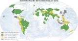 A map of the globe showing the distribution of earthquakes detected and alerted during the study. Most of South America is covered by the network, as are the US, Australia, and a broad swathe running from southern Europe and northern Africa through the Middle East and into India and south-east Asia. Yellow and occasionally red blobs appear in earthquake-prone areas within this band. There are also grey blobs, indicating detections with no alert, in Mexico, eastern China, Japan and parts of Indonesia.
