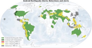 A map of the globe showing the distribution of earthquakes detected and alerted during the study. Most of South America is covered by the network, as are the US, Australia, and a broad swathe running from southern Europe and northern Africa through the Middle East and into India and south-east Asia. Yellow and occasionally red blobs appear in earthquake-prone areas within this band. There are also grey blobs, indicating detections with no alert, in Mexico, eastern China, Japan and parts of Indonesia.