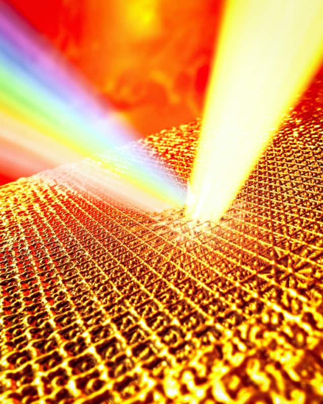 A laser superheats a sample of gold. The gold is shown as a gold-coloured lattice while the laser is a bright beam of light. A rainbow coming off the lattice represents light being emitted at different wavelengths