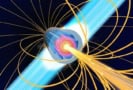 Conceptual illustration of bladed microtube implosion, showing how sawtooth-like blades inside the cylindrical target drive strong loop currents (shown as a pinkish swirl) and generate strong magnetic fields (shown as bright yellow loops around the target)