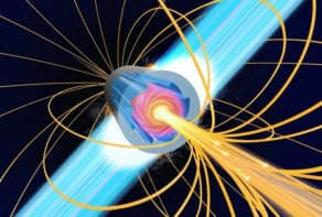 Conceptual illustration of bladed microtube implosion, showing how sawtooth-like blades inside the cylindrical target drive strong loop currents (shown as a pinkish swirl) and generate strong magnetic fields (shown as bright yellow loops around the target)