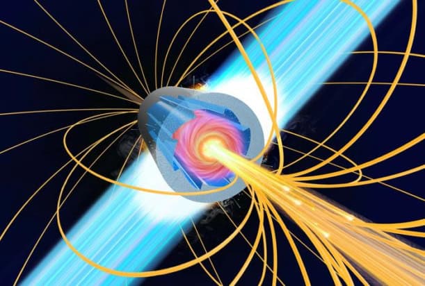 Conceptual illustration of bladed microtube implosion, showing how sawtooth-like blades inside the cylindrical target drive strong loop currents (shown as a pinkish swirl) and generate strong magnetic fields (shown as bright yellow loops around the target)