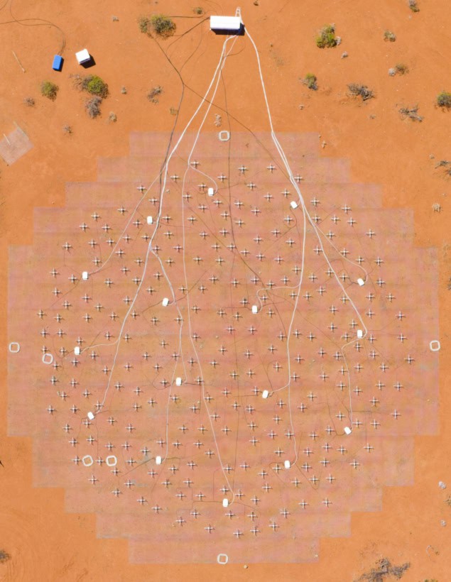 Engineering Development Array 2 The Engineering Development Array 2, seen from above. There are three buildings - two white, one blue - at the top of the photo, and white cables stretch out like tendrils from the largest white building into the array. The array resembles a slightly irregular grid of white crosses. The bare ground underneath the array is a deep orange colour and a few scrubby plants can be seen at the periphery.