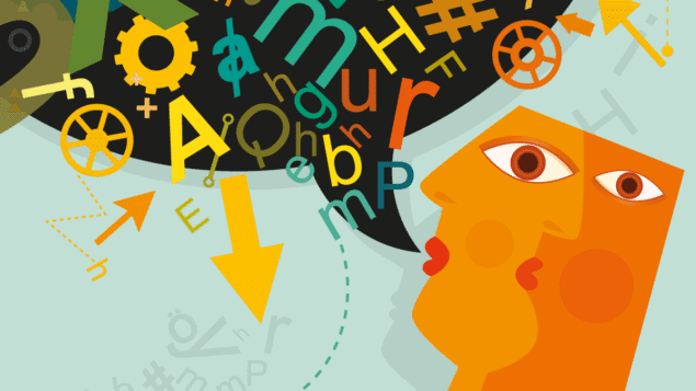 Illustration of voices and spoken sounds Funky illustration of a person with a speech bubble containing sounds and noises.