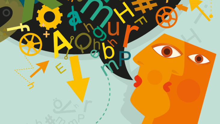 Funky illustration of a person with a speech bubble containing sounds and noises.