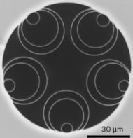 Image of the hollow-core fibre, a circle with a black background and five sets of three nested white circles around its inner edge