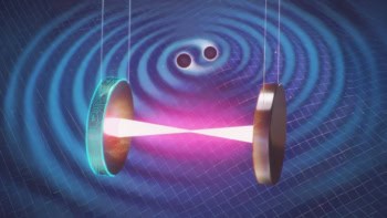 Artist's impression of the generation and detection of gravitational waves