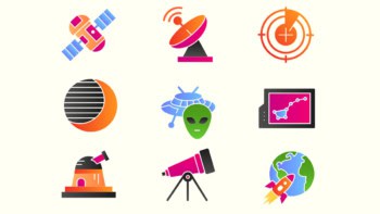 Cartoon icons of astronomy surrounding an alien