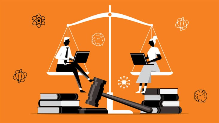 Illustration of two people writing legal documents surrounding by symbols of science