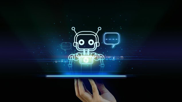 Illustration of a robot analysing data coming from a tablet held in a human hand