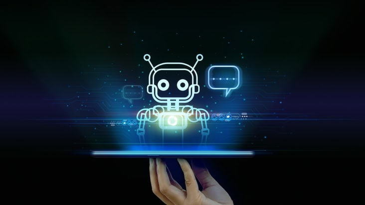 Illustration of a robot analysing data coming from a tablet held in a human hand