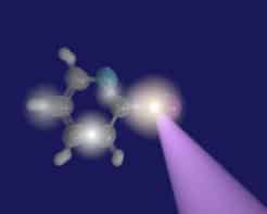 Artist's impression of iodopyridine molecule (represented by a ball-and-stick model) being exploded by a bright purple line representing an ultrashort, high-intensity X-ray laser pulse