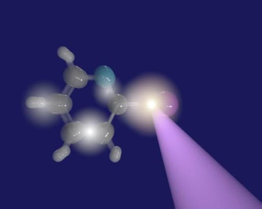 Artist's impression of iodopyridine molecule (represented by a ball-and-stick model) being exploded by a bright purple line representing an ultrashort, high-intensity X-ray laser pulse
