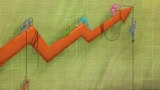 Artwork of cartoon figures on a financial graph
