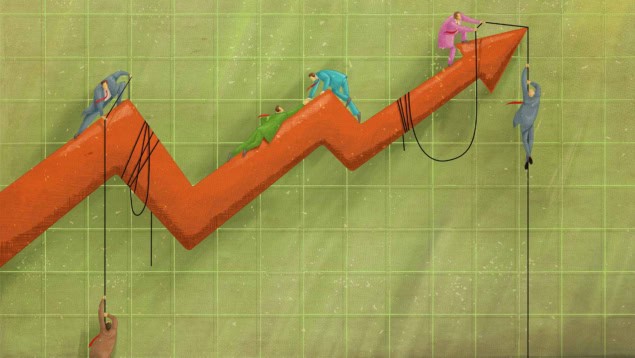 Artwork of cartoon figures on a financial graph