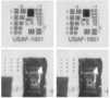 Two pairs of greyscale images showing a pattern of lines and an image of a ketchup packet. The left images are blurred, the right images are clearer