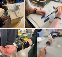 Montage of four photos of secondary school pupils doing practical physics projects in a classroom