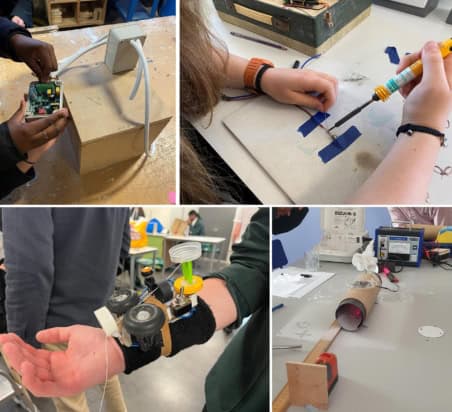 Montage of four photos of secondary school pupils doing practical physics projects in a classroom