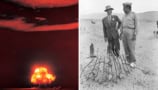 Two photos: a colour image of a nuclear bomb explosion in a desert, and a black-and-white image of two men in suits peering at debris on the desert floor