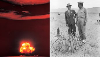 Two photos: a colour image of a nuclear bomb explosion in a desert, and a black-and-white image of two men in suits peering at debris on the desert floor