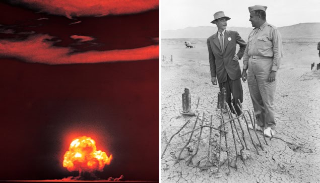 Two photos: a colour image of a nuclear bomb explosion in a desert, and a black-and-white image of two men in suits peering at debris on the desert floor